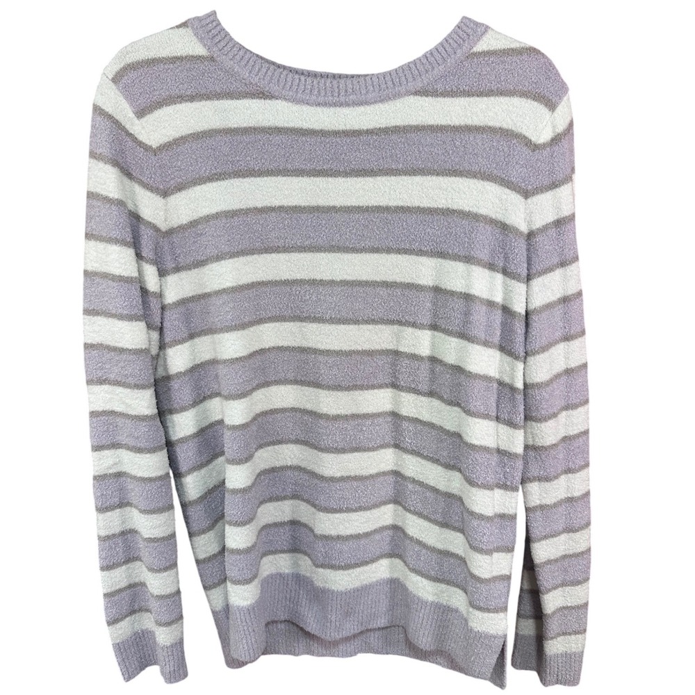 Barefoot Dreams CozyChic Lite Striped Metallic Button Shoulder Sweater Purple M